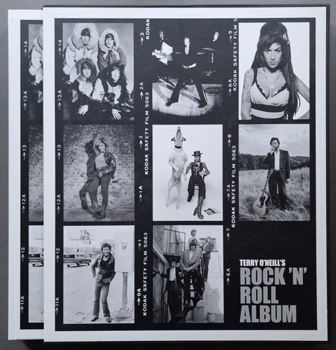 A square book cover for Terry O'Neill's 'Rock 'N' Roll Album' featuring a black-and-white collage of vintage film stills arranged like Kodak film strips, with the album title in large white text on a black background in the lower right.