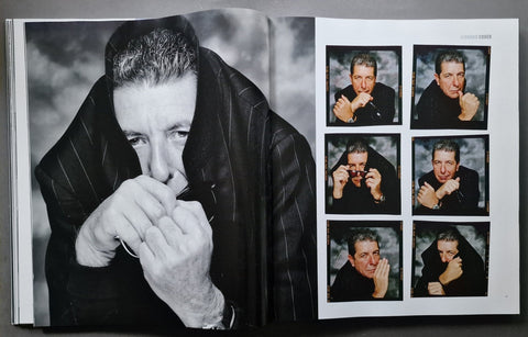 An open book showing a black-and-white portrait of a man in a dark pinstripe jacket, with six smaller inset photos of the same man arranged in a grid on the right page.