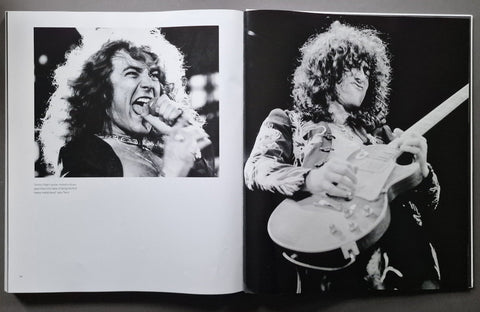 An open book spread showing two black-and-white photos of a curly-haired musician, with one page featuring a close-up portrait and the other showing the musician playing an electric guitar.