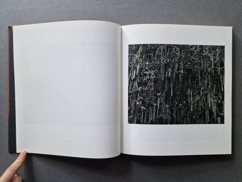 An open book, showing a black-and-white abstract textured photograph on the right page and blank white pages on the left.