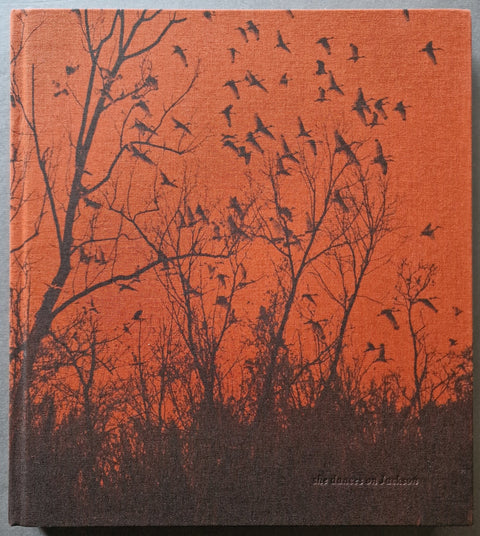 The photobook cover of She Dances On Jackson by Vanessa Winship. In red cloth with a landscape photo of a forest and birds flying screenprinted on top in black