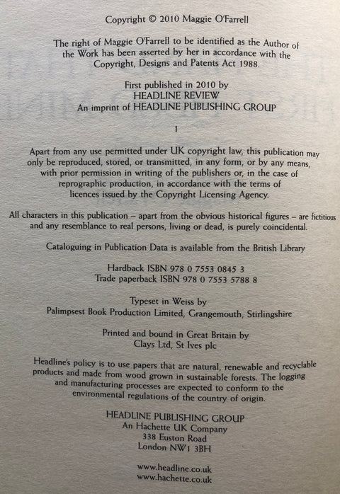 A black-and-white printed copyright page from Headline Publishing Group showing publication details, ISBN numbers, publisher information, and a website URL.