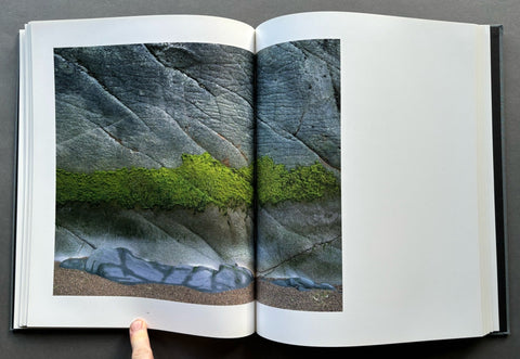 Open book showing a photograph of a landscape with greenery on gray rock.