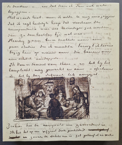 Volume 3 cover - A vintage handwritten letter on aged beige paper, featuring elegant cursive script and a black ink illustration of a street scene with figures and a horse-drawn carriage.