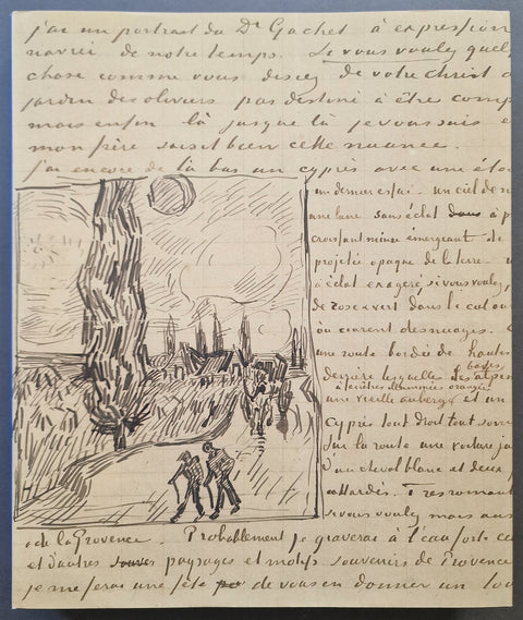 Volume 5 cover - A vintage French handwritten manuscript page featuring a black ink sketch of a mountain landscape with figures and a church, alongside cursive handwriting on aged beige paper.