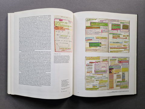 An open book spread showing text on the left page and scanned spreads from a personal diary on the right page.