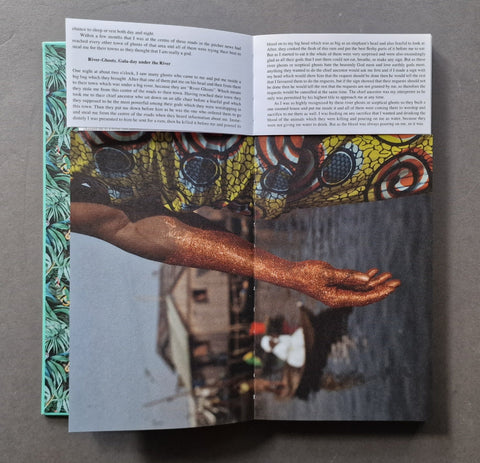 An open printed book: The pages contain text and a large photographic panel showing a person's arm with metallic glitter or paint, alongside patterned artwork.