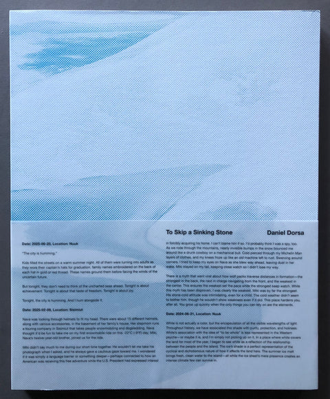 the softcover book 'to skip a sinking stone' by daniel dorsa, which has a blue-and-white mountain or wave-like graphic and blocks of text below, photographed against a dark background.