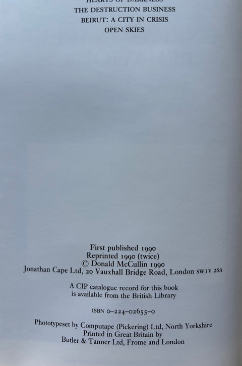 A light gray book cover or printed page with black text showing publication details for 'The Destruction Business: Beirut: A City in Crisis: Open Skies'.