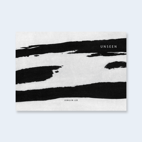 A minimalist book cover featuring bold black abstract brushstrokes on a textured off-white background, with the text 'UNSEEN' and 'JUNGJIN LEE' printed in white.