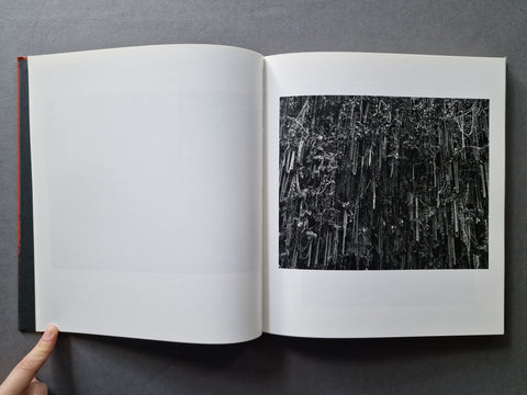 An open book, showing a black-and-white abstract textured photograph on the right page and blank white pages on the left.
