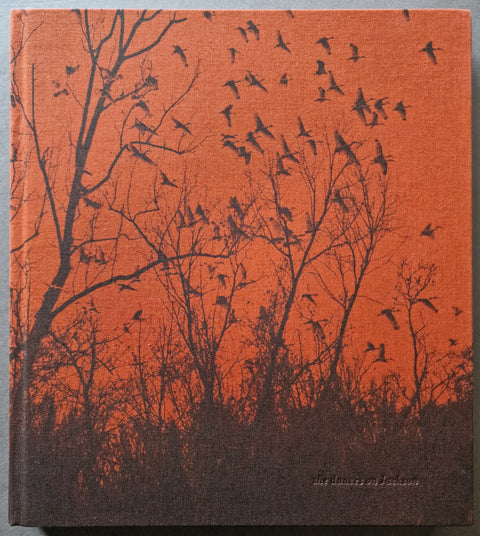 The photobook cover of She Dances On Jackson by Vanessa Winship. In red cloth with a landscape photo of a forest and birds flying screenprinted on top in black