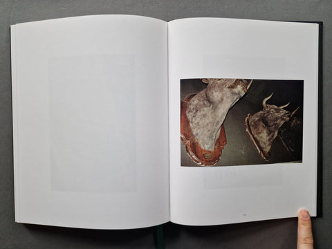 An open book, showing a printed photograph of two taxidermy animal heads mounted on the right page.