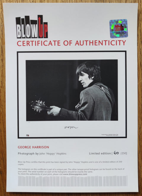 The photography print of George Harrison by John 'Hoppy' Hopkins. Signed by Hoppy and accompanied by a certificate of authenticity.