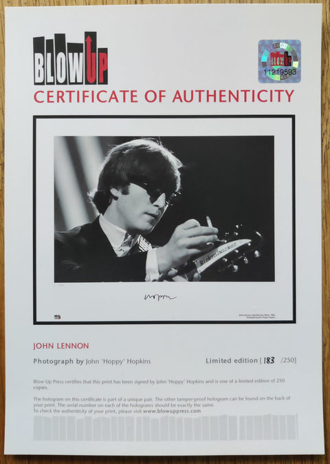 The photography print of John Lennon by John 'Hoppy' Hopkins. Signed by Hoppy and accompanied by a certificate of authenticity.