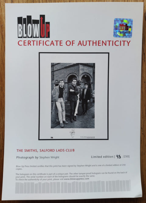 The photography print of The Smiths, Salford Lads Club by Stephen Wright. Signed by Stephen Wright and accompanied by a certificate of authenticity.