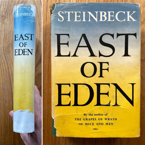 The book cover of East of Eden by John Steinbeck. Hardback with yellow and blue gradient dust jacket.