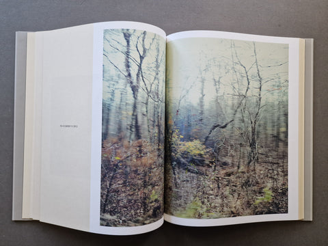 An open hardcover art book, showing a forest landscape photograph spread across the pages.