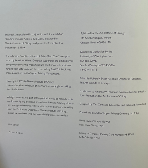 A printed book cover or publication frontispiece with black text on a white background, including publication details, exhibition context, publisher information, and copyright notices.