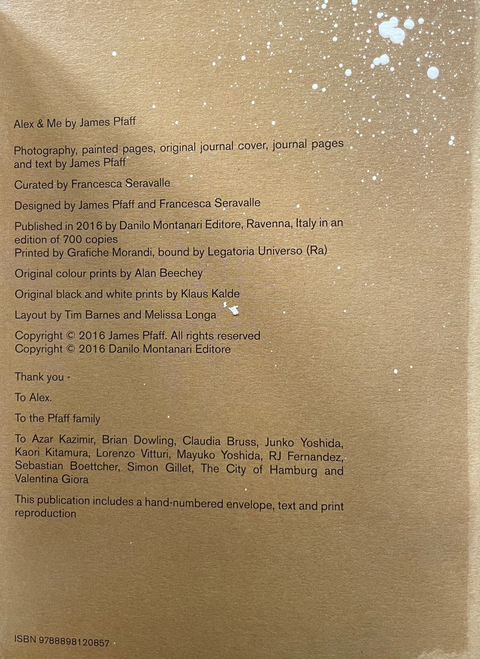 The back cover of a James Pfaff book titled 'Alex & Me', featuring a textured gold background with white speckles, printed with publication details and acknowledgements.