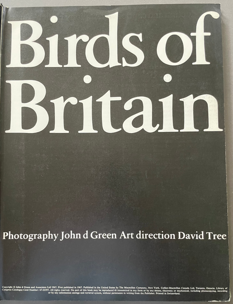 The front cover of the book 'Birds of Britain' by John d Green, featuring a dark charcoal gray background with bold white typography.