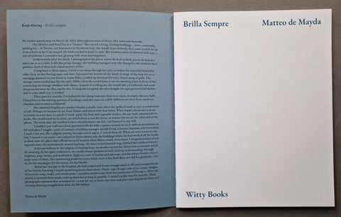 An open book showing two pages side by side. The left page is light blue with dense black text, and the right page is white with the title 'Brilla Sempre' at the top and 'Witty Books' at the bottom.