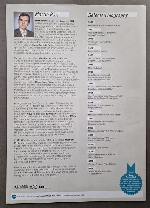 A printed page featuring a portrait of Martin Parr at the top left and a section titled 'Selected biography' with biographical text and a timeline on the right. 