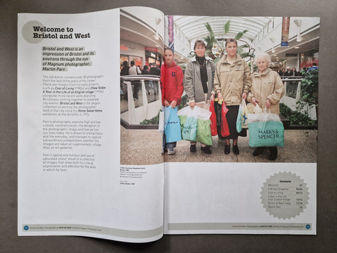 An open printed magazine or book spread. The left page contains a welcome article about Bristol and West, and the right page shows a group of four women holding shopping bags in an indoor shopping mall.