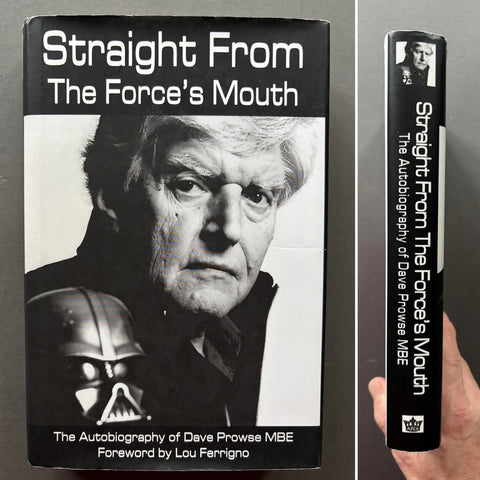 Book titled ' Straight from the Force's Mouth: The Autobiography of Dave Prowse' with a black cover featuring an image of the actor plus Darth Vader's helmet.
