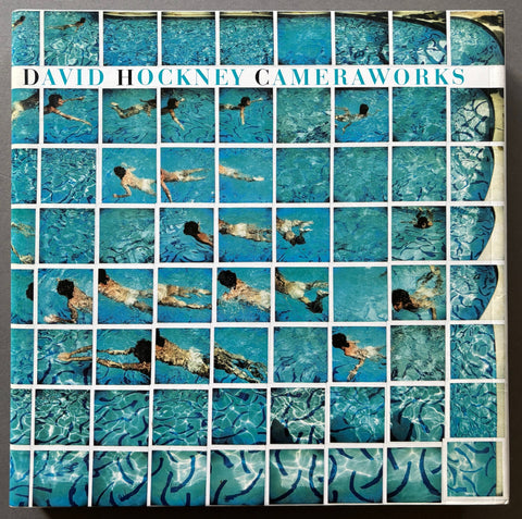 Book titled 'Cameraworks' by David Hockney with a cover featuring multiple images of a swimmer in a pool.