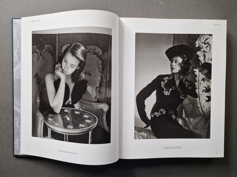 An open book spread showing two fashion portraits of women - one with hat, one leaning on a table.