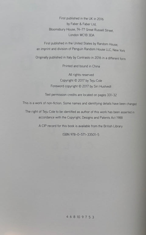 A photographed book cover or printed page with black publication text on a white background. Visible text includes publisher names Faber & Faber and Random House, copyright year 2017, and ISBN 978-0-571-33501-5.