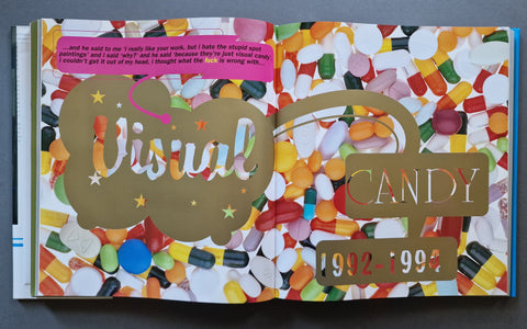 An open book pages featuring a colorful collage of candy and pills, with layered paper cutouts reading 'Visual' and 'CANDY' and the years '1992-1994'.