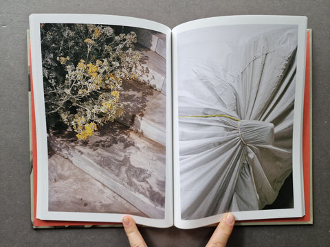 An open book showing two photographic pages: one with dried yellow flowers on stone, and the other with a close-up of white draped fabric. 
