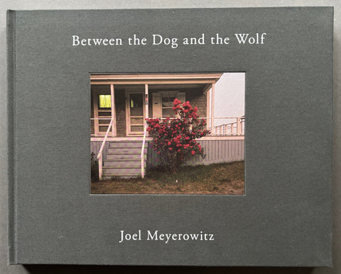 Book titled 'Between the Dog and the Wolf' by Joel Meyerowitz with a grey cover featuring the image of a house with a flowering shrub.