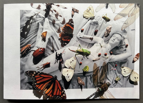 Book titled 'Reciprocal Friction' by Jordanna Kalman with a white cover featuring the image of a naked woman with an overlay of an image of numerous insects.