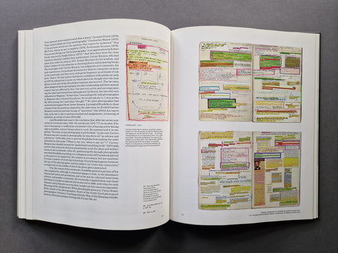 An open book spread showing text on the left page and scanned spreads from a personal diary on the right page.