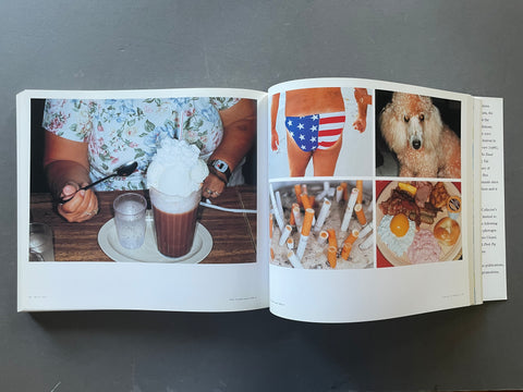 An open art book or magazine spread displayed on a dark gray surface. The pages feature a collage of photographs, including a person drinking a whipped iced coffee, a person wearing American flag-patterned underwear, a poodle, cigarette tips, and a breakfast plate.