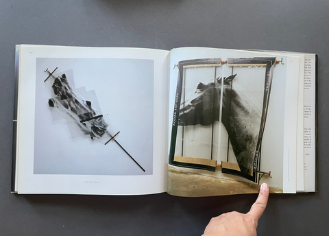 An open art book displayed on a dark gray surface, showing two black-and-white photographic prints: one with a distorted horse head and one with a horse head framed by bars. A human hand is pointing at the right-hand page.