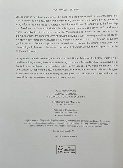 The back cover of the book 'Moriandi's Objects: The Complete Archive of Casa Morandi by Joel Meyerowitz, featuring an acknowledgements section and publication details on a white background.