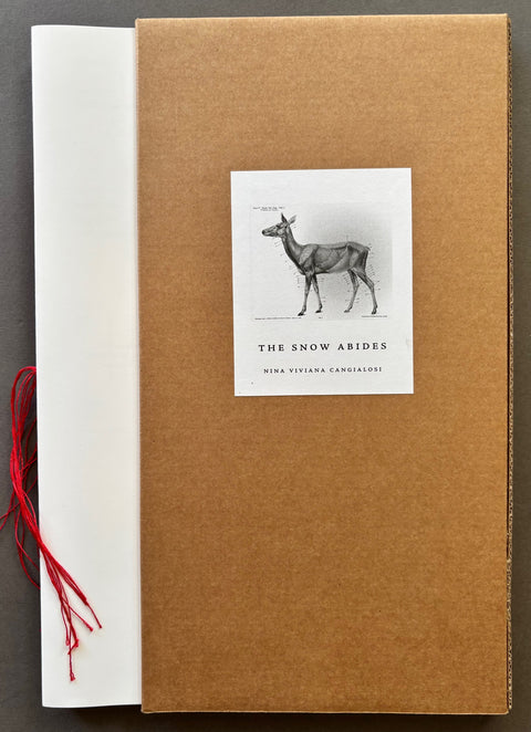 Book titled 'The Snow Abides' by Nina Viviana Cangialosi with a brown cover featuring a drawing of a deer.