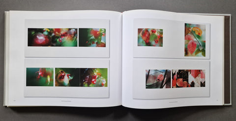 An open hardcover art book displaying two white pages filled with multiple small square color photographs of red, green, and orange floral or abstract botanical scenes.