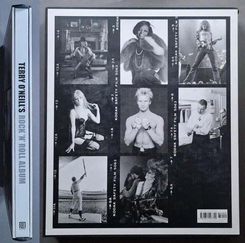 Terry O'Neill's Rock 'N' Roll Album box set, featuring the front cover with a black-and-white collage of photos framed by film strip graphics, alongside the spine on the left.