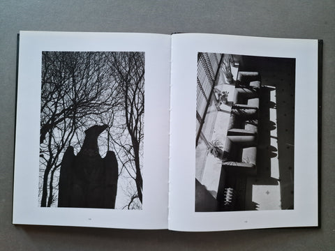 An open book, showing two black-and-white photographic prints on the pages: a silhouetted bird statue among bare trees on the left page and a high-angle architectural scene on the right page.