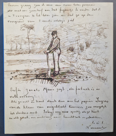 First volume cover - A vintage Dutch handwritten letter on aged beige paper, featuring a pencil sketch of a man working in a field. The letter is written in Dutch script and includes a blue border on the left side.