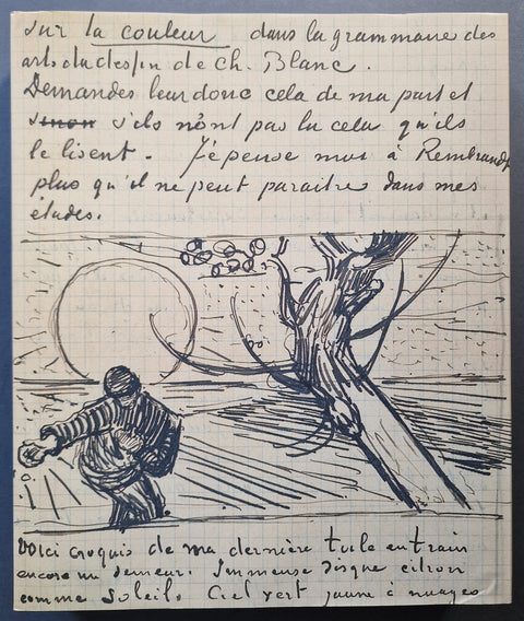 Volume 4 cover - A handwritten notebook page with French text and a black ink illustration showing a tree, a person, and a large sun. The page is photographed against a dark blue background.