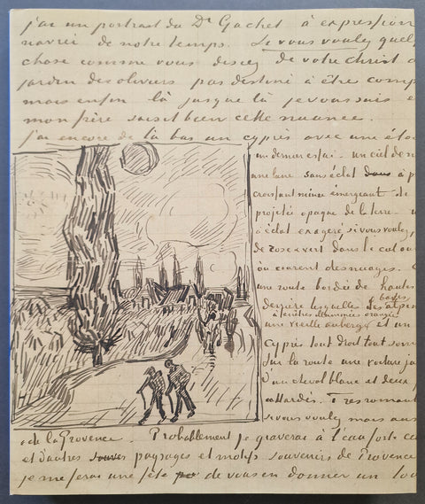Volume 5 cover - A vintage French handwritten manuscript page featuring a black ink sketch of a mountain landscape with figures and a church, alongside cursive handwriting on aged beige paper.