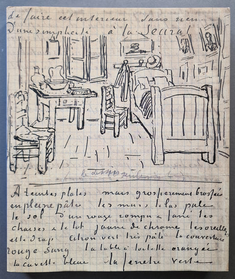 Volume 6 cover - A square paper artwork showing a hand-drawn black ink sketch of a bedroom interior with furniture and handwritten French text above and below the drawing, photographed against a dark background.