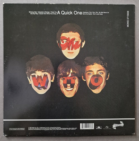 The back cover of a vinyl record for the band A Quick One, featuring four stylized cutout portraits of the band members with red and black lettering on a black background.