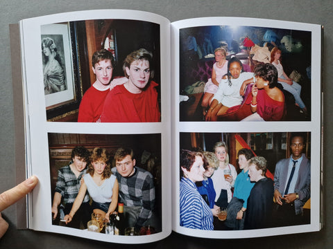 An open photobook spread, showing four vintage candid photographs printed on the pages. 